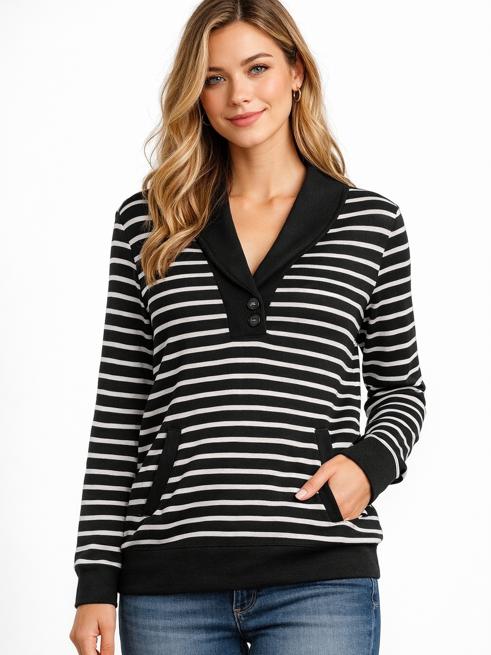 Banana Republic Black and White Striped Top. V-neck Sweater With Pockets